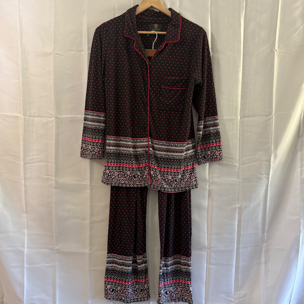 BT Loungewear Pajama Set Black Pink Heart Print Boho Border Long Sleeve Pants L
